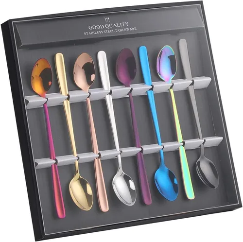 Buyer Star Juego de 8 cucharas coloridas de mango largo de 7.87 pulgadas, juego de cucharas de té de hielo multicolor de acero inoxidable 18/10,