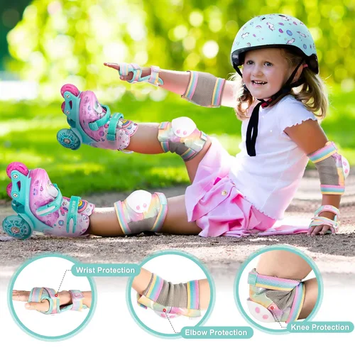 Miniatura 2 de SULIFEEL Rodilleras de arcoíris y unicornio para niños, coderas, muñequeras con bolsa de cordón, juego de equipo de protección ajustable para niñas