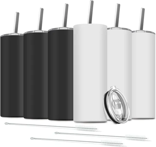 Miniatura 21 de Paquete de 6 vasos delgados de acero inoxidable, vaso de agua de doble aislamiento de 20 onzas con 6 popotes y 3 cepillos, taza de viaje al vacío