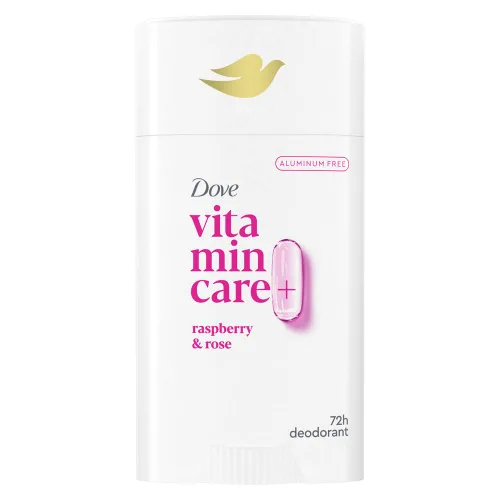 Dove VitaminCare+ Barra de desodorante sin aluminio para protección de olores de 72H, desodorante transpirable de frambuesa y rosa para mujeres, 2.6