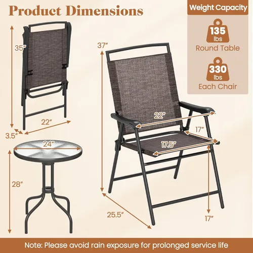 Miniatura 4 de Tangkula Juego de 3 piezas de bistró para exteriores, mesa redonda de bistró para patio y sillas plegables con agujero para sombrilla de 1.57
