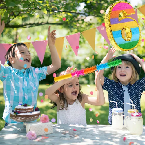 Miniatura 6 de Piñata arcoíris número 6 para decoraciones de fiesta de 6º cumpleaños, fiesta, celebración de niños, piñata de cumpleaños con palo, venda y confeti
