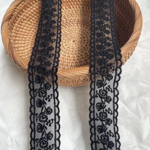 Miniatura 3 de Cinta de encaje, delicada cinta floral negra para decoración de boda/nupcial, costura artesanal, decoración del hogar, 5 yardas (flor negra)
