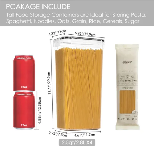 Miniatura 2 de Vtopmart Contenedores herméticos para almacenamiento de alimentos con tapas, 4 recipientes de pasta de 2.8 L para organización y almacenamiento