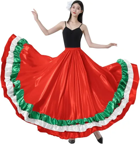 Miniatura 14 de Falda larga de baile para adultos, color negro, rojo, verde, falda folklórica para disfraz de Halloween flamenco mexicano