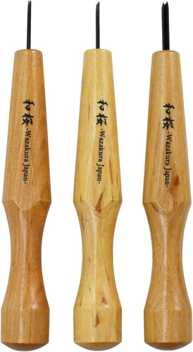 Wazakura Kit de cincel de bonsái de 3 piezas con gubias redondas, bisel único sesgado y herramienta de separación en V, juego de herramientas de