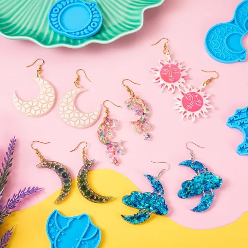 Miniatura 3 de Pandahall - 5 moldes de resina de silicona para aretes, luna creciente, luna, estrella, resina epoxi, joyería con ganchos para aretes y anillo