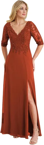 Women's V Neck Lace Appliques Mother of The Bride Dress with Sleeves Slit Long Formal Party Gowns