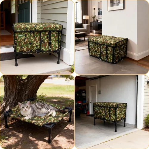 Miniatura 6 de Casa para gatos al aire libre, resistente a la intemperie, con dosel, refugio exterior para gatos, cubierta de techo y soporte elevado, casa