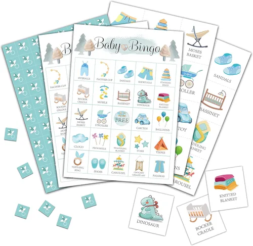 Tarjetas de bingo para bebé, juego azul para baby shower para 24 jugadores, juegos de fiesta de revelación de género para actividades familiares y