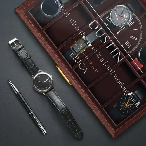 Miniatura 3 de Maverton Caja de reloj rectangular de madera para él - Tapa de cristal grabada transparente - Para 12 relojes - Para hombres elegantes - Cumpleaños