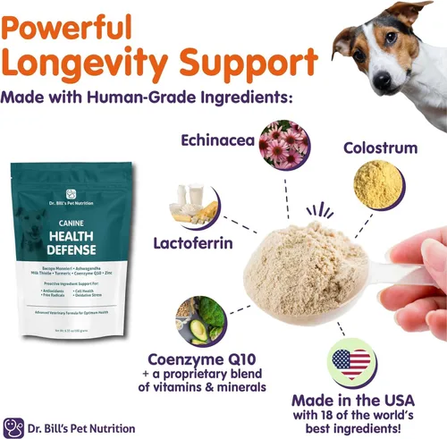 Miniatura 9 de Dr. Bill's Canine Health Defense Suplemento antioxidante para perros con cúrcuma, zinc, ashwagandha, cardo mariano, coenzima Q10 (CoQ10) y Bacopa