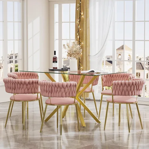 Miniatura 32 de Juego de mesa de comedor de cristal negro de 47 pulgadas para 4, juego de mesa de cocina minimalista moderno y 4 sillas de comedor de terciopelo