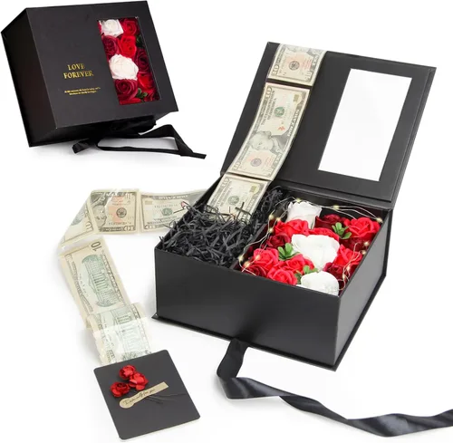 Caja de dinero para regalo en efectivo - Caja de regalo de flores de lujo con tirador de dinero y tapa con flor y lazo, caja de regalo única de