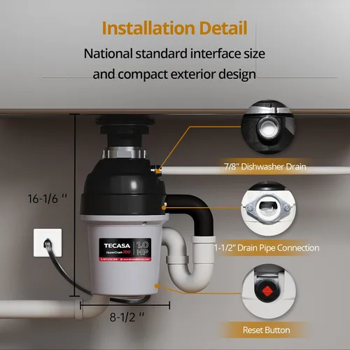 Miniatura 6 de Eliminador de basura de 1 HP con reducción de sonido, triturador de residuos de alimentos para fregadero de cocina, eliminación de basura segura