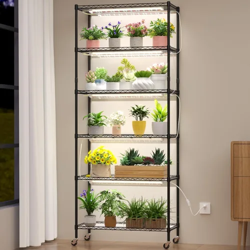 Soporte para plantas con luz de crecimiento, estante de plantas de bricolaje de 6 niveles con luces de cultivo para plántulas, invernadero,