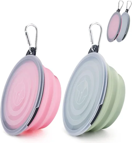 SLSON Comedero plegable para mascotas, paquete de 2 cuencos para perros con tapas de cubierta, cuenco portátil plegable para agua para gatos para