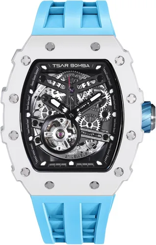 Miniatura 8 de Watch for Men, Automatic Skeleton Mechanical Mens Watch, 50M Waterproof Luxury Tonneau Square Big Face Dial Watch with SiliconeFluoroelastomer Watch