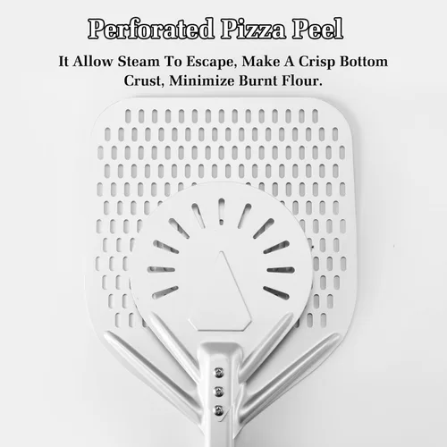 Miniatura 3 de Juego de cáscaras de pizza perforadas de 12 pulgadas + 7 pulgadas, cáscara de torneado de pizza con mango de metal, espátula de pizza