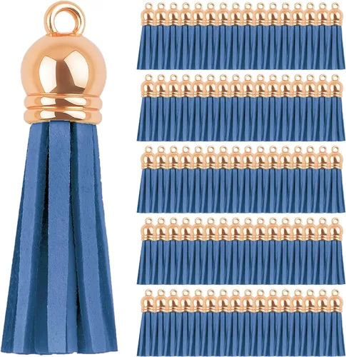 Miniatura 82 de Mandala Crafts 100 borlas de gamuza sintética color aguamarina con tapa dorada, suministros para hacer llaveros a granel, pequeñas borlas de cuero