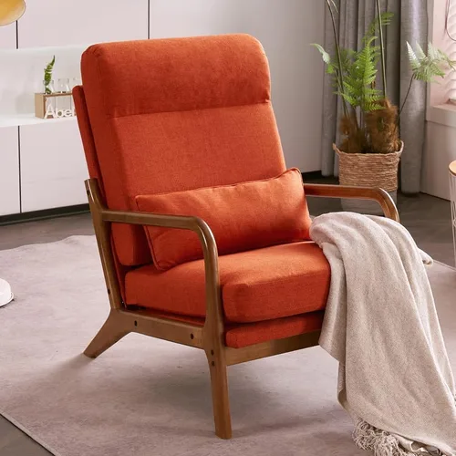 Mid Century Modern Accent Chair Linen High Back Reading Armchair with Wood Frame, Upholstered Living Room Chairs with Waist Cushion, Single Lounge