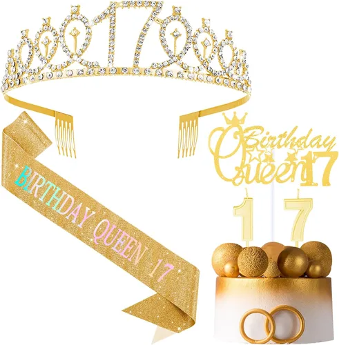 Miniatura 10 de Crowye Decoraciones de cumpleaños número 17, corona de tiara de 17 años, banda, decoración para tartas, velas, suministros para fiestas, regalos Azul