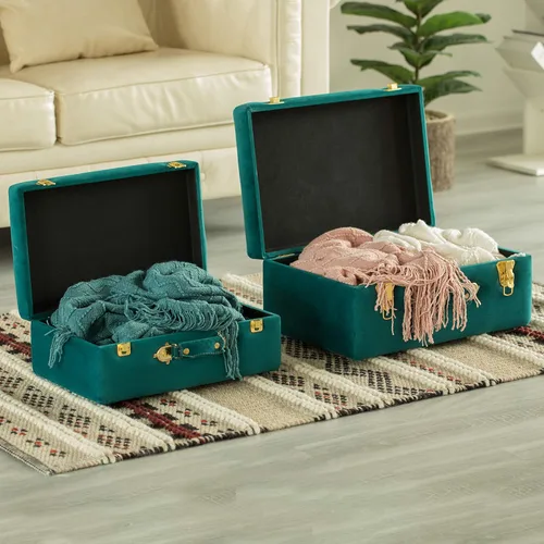 Miniatura 5 de Vintiquewise Juego de 2 maletas decorativas de terciopelo copetudo, color verde