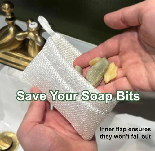 Miniatura 9 de Paquete de 2 bolsas de jabón exfoliante para jabón en barra, limpiador de baño de lufa para jabón en barra en una cuerda. 2 niveles de rugosidad