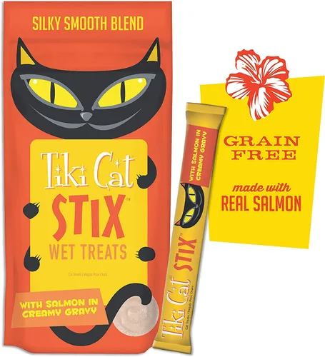 Miniatura 5 de Tiki Cat Stix - Golosinas húmedas sin granos, mezcla suave y sedosa en salsa cremosa, pollo, salmón y pato con toallitas para mascotas de 10