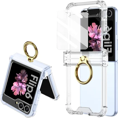 Miniatura 8 de Funda transparente para Samsung Galaxy Z Flip 6, protección de bisagra de lujo con soporte de anillo y protector de pantalla, funda suave todo Negro