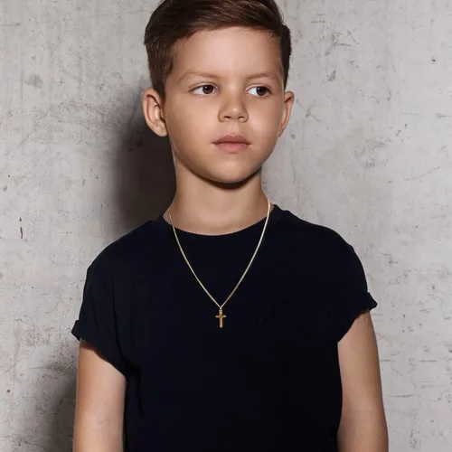 Miniatura 3 de Joxevyia Collar de cruz para niño, acero inoxidable chapado en oro de 14 quilates, colgante de cruz pequeña con cadena cubana, joyería de fe simple