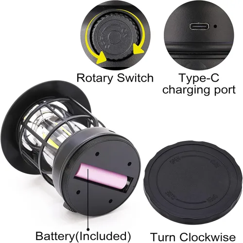 Miniatura 5 de Faroles LED para campamento, estilo vintage, color negro, paquete de 2 Recargable, portátil, atenuación continua, impermeable IP44, luz colgante