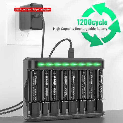 Miniatura 3 de BONAI Baterías recargables AA 2800mAh 8pack con cargador inteligente para AA AAA C D NiMH batería