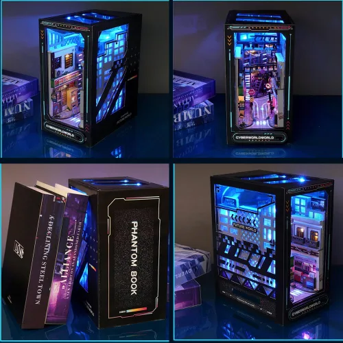Miniatura 4 de Decoración de estantería de estantería de casa de muñecas DIY, kit de rincón de libros, rompecabezas de madera 3D con iluminación LED, estante