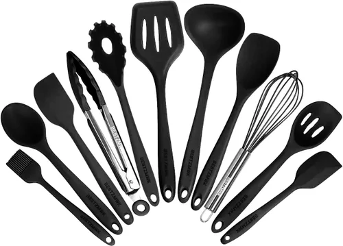 Juego de utensilios de cocina, 11 utensilios de cocina, utensilios de cocina de silicona coloridos, utensilios de cocina antiadherentes con Negro