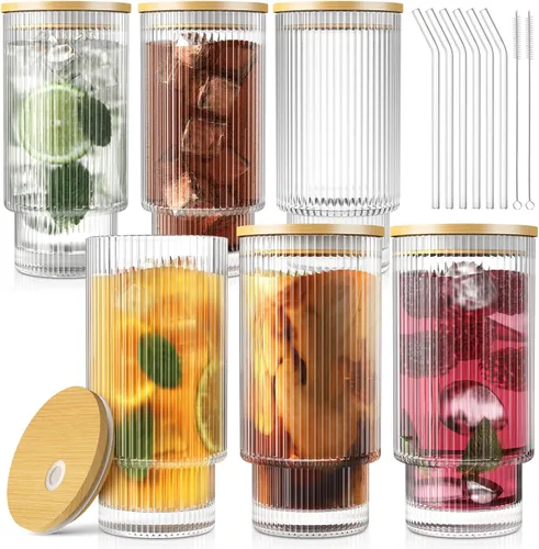 Miniatura 11 de CWHHRN Juego de 4 tazas de vidrio acanalado de 16 onzas con tapas y pajitas, cristalería vintage para whisky, cóctel, cerveza, tazas de café helado