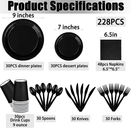 Miniatura 2 de El juego de 228 piezas de suministros negros para fiesta incluye platos de papel, vasos, servilletas negras, cucharas de plástico, tenedores