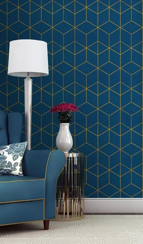 Miniatura 6 de Safiyya Papel tapiz geométrico azul y dorado, autoadhesivo, extraíble, impermeable, para paredes, rollo de vinilo de 118 x 17.3 pulgadas