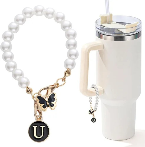 Miniatura 83 de Encanto de letra para Copa Stanley, accesorios de cadena de perlas, encantos de iniciales de Copa Stanley para asa, decoración de botella de agua