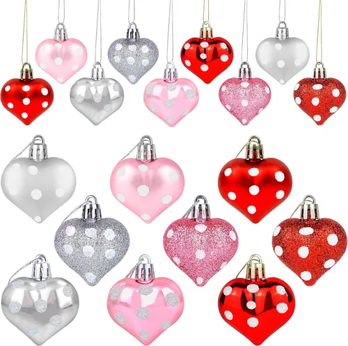 24 adornos para el día de San Valentín con forma de corazón, 3 estilos, bolas colgantes de color rojo, rosa, plata, adornos de San Valentín para