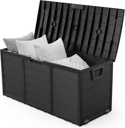 Miniatura 10 de VINGLI Caja de almacenamiento al aire libre de 75 galones, contenedores de almacenamiento de plástico con cerradura con tapa, muebles para jardín