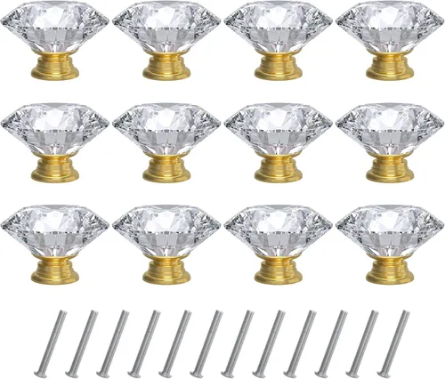Miniatura 9 de Tomorotec Elegantes tiradores de cristal en forma de diamante para cajones, juego de 12 con base dorada y tornillos, 1.2 pulgadas, ideal