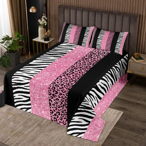 Miniatura 25 de Juego de colcha con lazo para niños, tamaño individual, diseño de cebra y leopardo con purpurina, decoración de habitación para niñas y mujeres