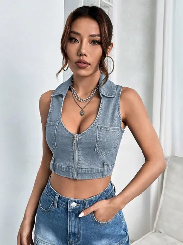 Miniatura 3 de WDIRARA Camiseta sin mangas con cuello redondo y bolsillos parcheados para mujer