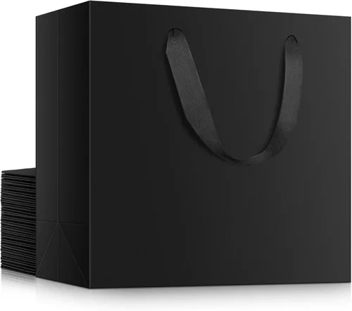 Miniatura 24 de EUSOAR Bolsas de papel de regalo de tamaño pequeño, paquete de 25 bolsas de papel negro resistentes de 8.6 x 3.9 x 7 pulgadas con asas a granel