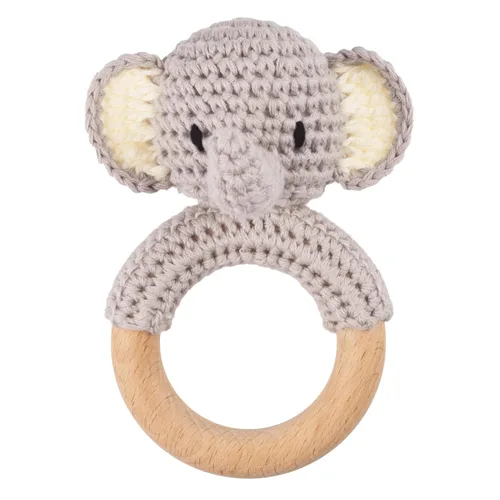 Joliecraft Juguetes de sonajero de madera de animales de safari para bebé, sonajero de ganchillo relleno con anillo de mordedor para recién nacido,