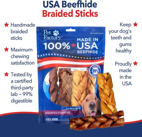 Miniatura 3 de Pet Factory Palitos masticables 100% hechos en Estados Unidos, huesos trenzados de cuero crudo para perro de 6 pulgadas con sabores de carne y pollo