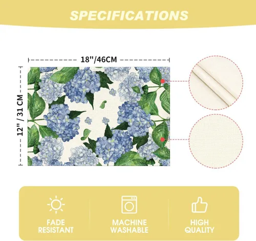 Miniatura 6 de Artoid Mode Manteles individuales de hortensias de acuarela para mesa de comedor, 12 x 18 pulgadas, decoración de temporada de primavera y verano
