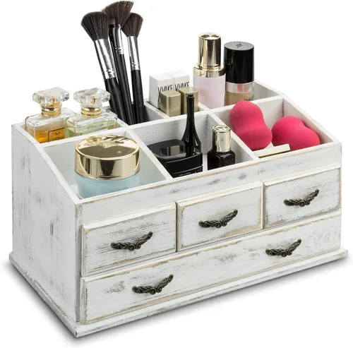 MyGift Estante organizador de tocador de madera maciza desgastada con 7 compartimentos y 4 cajones de almacenamiento vintage