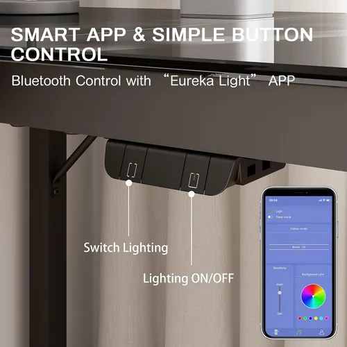 Miniatura 6 de EUREKA ERGONOMIC Escritorio de Juegos en Forma de L Reversible de 60 Pulgadas de Vidrio Negro con Luces LED RGB, Mesa de Computadora para Oficina